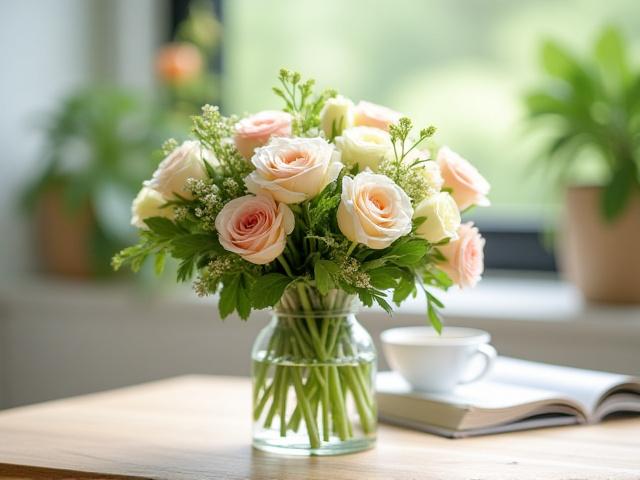 Ein frisches Blumenabonnement, wunderschön gebunden in einer Glasvase, auf einem Esstisch