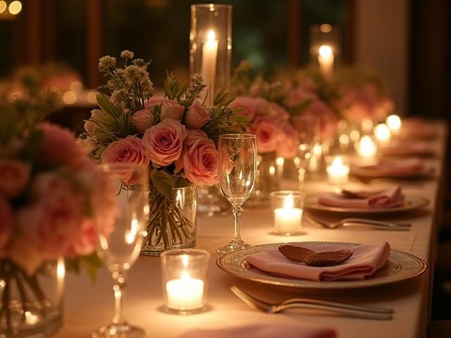 Eine elegant dekorierte Hochzeitstafel mit aufwendigen Blumenarrangements in Pastelltönen und Kerzenlicht
