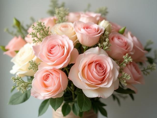 Detailaufnahme eines handgefertigten Blumenstraußes mit Rosen, Eukalyptus und saisonalen Blüten in zarten Farben