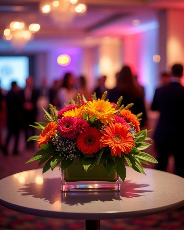 Blumenschmuck auf einem Stehtisch für einen Empfang