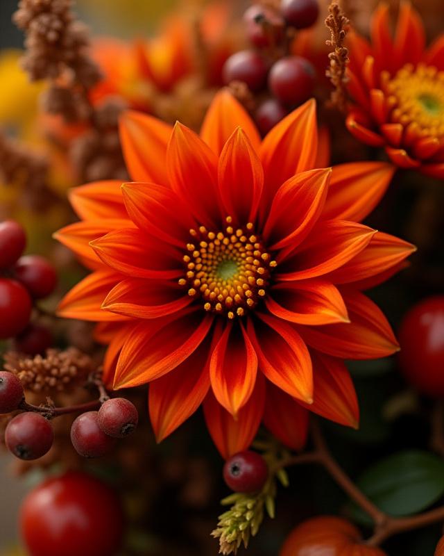 Warmer Herbststrauß mit Dahlien, Beeren und orangefarbenen Blättern